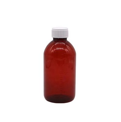 250 ml Amber PET vloeibare medicijnfles met schroefkap en apotheek medicijncontainer