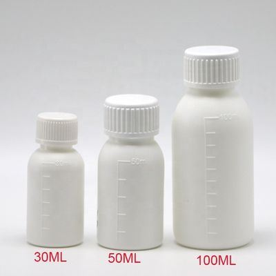 30 mL/50 mL/100 mL PP witte vloeibare medicijnfles met geschaald lichaam en schermdruk